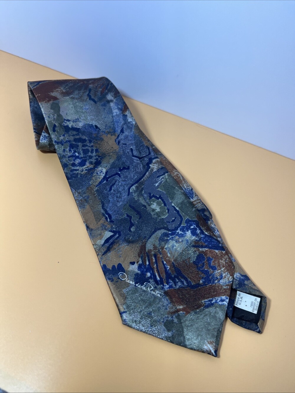 Vintage Oscar de la Renta Tie Floral Print Green/tan Watercolor Abstract Print